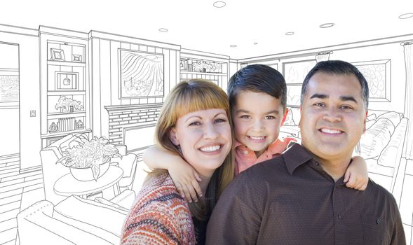 Happy Young Mixed Race Family Over Custom Living Room Drawing On White.