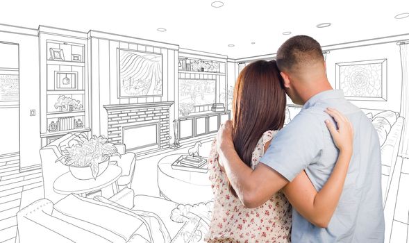 Curious Young Military Couple Looking Over Custom Living Room Design Drawing.