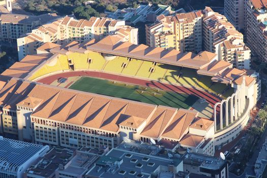 Fontvieille, Monaco - March 18, 2016: Aerial view of Stade Louis II and Fontvieille District in Monaco, south of France