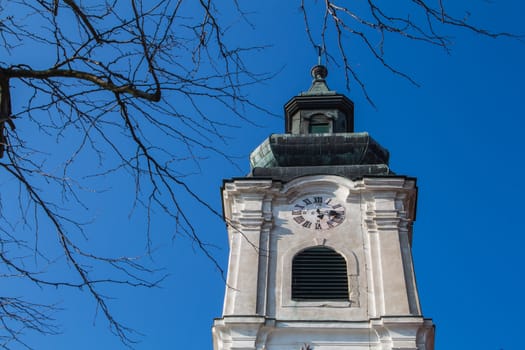 Twigs of the tree in the foreground. Tower of the Church of Saint Cross in Devin, Bratislava, Slovakia. Bright blue sky.