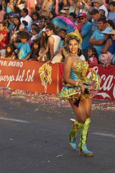 Morenada dancer in traditional Andean costume performing at the annual Carnaval Andino con la Fuerza del Sol in Arica, Chile.