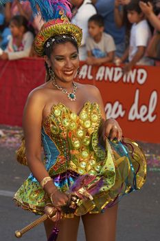 Morenada dancer in traditional Andean costume performing at the annual Carnaval Andino con la Fuerza del Sol in Arica, Chile.