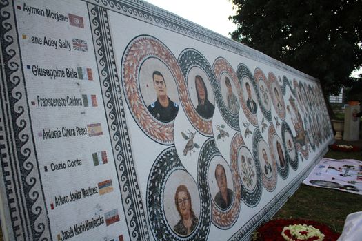 TUNISIA, Tunis: A memorial is on display at the Bardo National Museum in Tunis on March 18, 2016, commemorating the one-year anniversary of the terror attack there. The assault by Islamic State militants left 24 people dead that day in 2015. The pictured memorial bears the victims' faces.