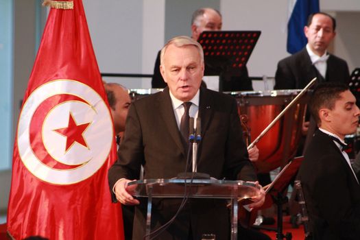 TUNISIA, Tunis: French Foreign Minister Jean-Marc Ayrault speaks at Bardo National Museum on March 18, 2016 for the one-year-anniversary of the terror attack there. The assault by Islamic State militants left 24 people dead that day in 2015.