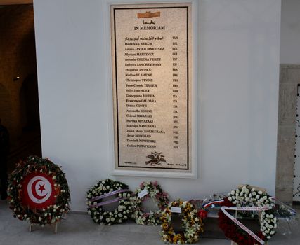 TUNISIA, Tunis : A picture shows the monument displaying the names of those killed in the March 2015 attack on the National Bardo Museum during a ceremony on March 18, 2016, in Tunis as the country marks the first anniversary of the attack of the museum by terrorists. 