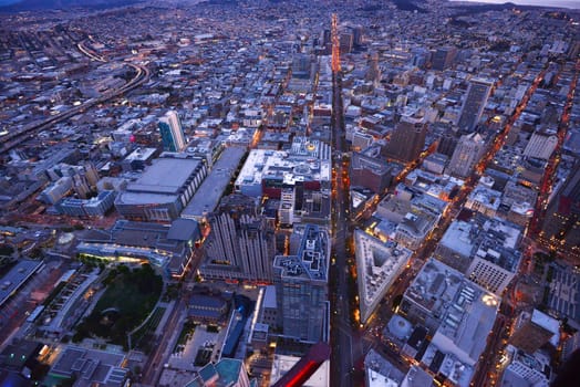 an aerial view of san francisco during sunset