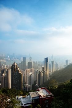 View from Victoria Peak to the business borough and the gulf in Hong Kong