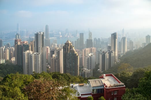 View from Victoria Peak to the business borough and the gulf in Hong Kong