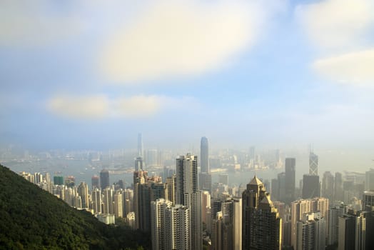 View from Victoria Peak to the business borough and the gulf in Hong Kong