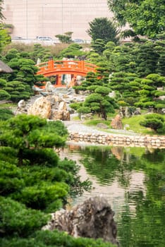 Red Hong Kong bridge,Chinese style architecture in Nan Lian Garden, Hong Kong