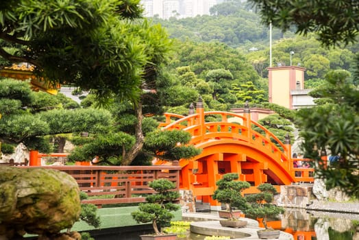 Red Hong Kong bridge,Chinese style architecture in Nan Lian Garden, Hong Kong