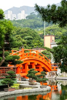 Red Hong Kong bridge,Chinese style architecture in Nan Lian Garden, Hong Kong