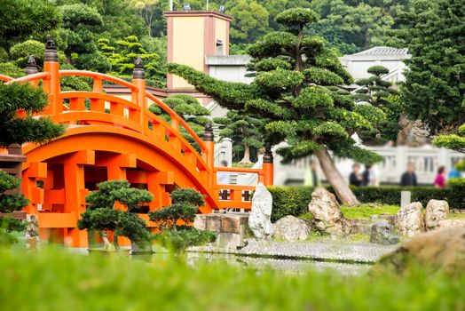 Red Hong Kong bridge,Chinese style architecture in Nan Lian Garden, Hong Kong