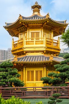 Beautiful Golden Pagoda Chinese style architecture in Nan Lian Garden, Hong Kong