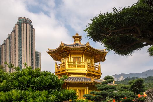 Beautiful Golden Pagoda Chinese style architecture in Nan Lian Garden, Hong Kong