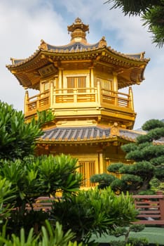 Beautiful Golden Pagoda Chinese style architecture in Nan Lian Garden, Hong Kong