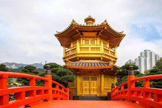 Beautiful Golden Pagoda Chinese style architecture in Nan Lian Garden, Hong Kong