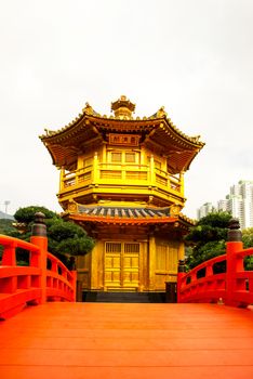 Beautiful Golden Pagoda Chinese style architecture in Nan Lian Garden, Hong Kong