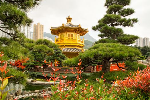 Beautiful Golden Pagoda Chinese style architecture in Nan Lian Garden, Hong Kong