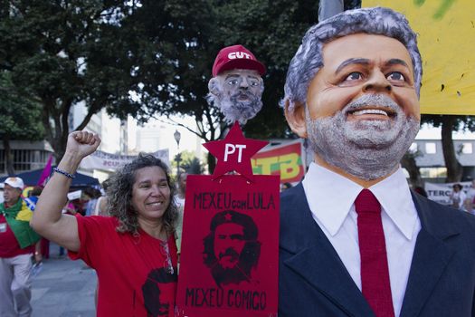 BRAZIL, Rio de Janeiro : Workers' Party (PT) supporters demonstrate in support of President Dilma Rousseff and former President Luiz Inacio Lula da Silva in Rio de Janeiro, Brazil, on March 18, 2016. Brazilian President Dilma Rousseff's supporters took to the streets Friday to fight back at attempts to oust her, as a flurry of court battles raged over her controversial cabinet appointment of predecessor Luiz Inacio Lula da Silva.