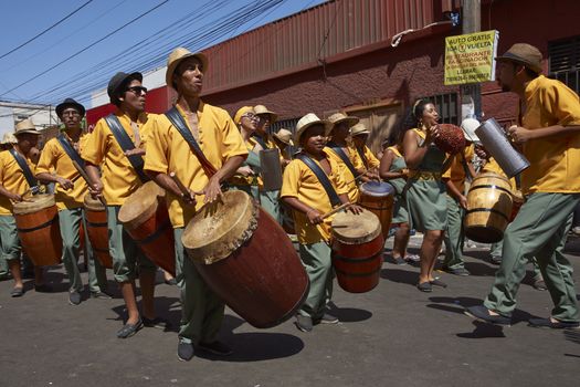 Band accompanying a group of dancers of Africa descent Afrodescendiente performing at the annual Carnaval Andino con la Fuerza del Sol in Arica, Chile.
