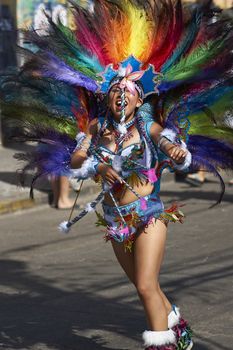 Tobas dancer in traditional Andean costume performing at the annual Carnaval Andino con la Fuerza del Sol in Arica, Chile.