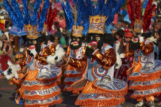Morenada dance group in traditional Andean costume performing at the annual Carnaval Andino con la Fuerza del Sol in Arica, Chile.