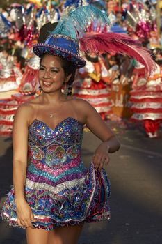 Morenada dancer in traditional Andean costume performing at the annual Carnaval Andino con la Fuerza del Sol in Arica, Chile.