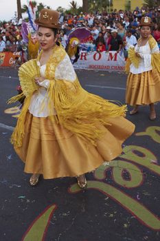 ARICA, CHILE - JANUARY 24, 2016: Morenada dancer in traditional Andean costume performing at the annual Carnaval Andino con la Fuerza del Sol in Arica, Chile.