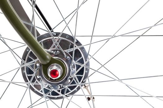 Vintage road bicycle wheel front hub with spokes composition, isolated on white.
