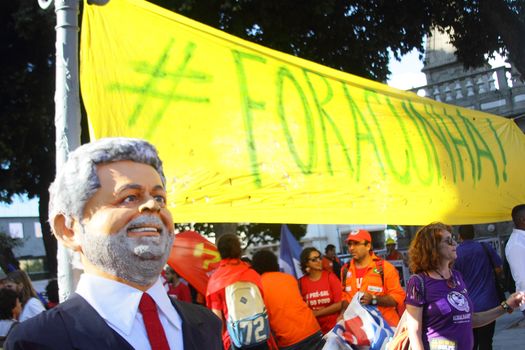 BRAZIL, Rio de Janeiro: A puppet of former President Luiz Inacio Lula da Silva is seen during a demonstration in support of President Dilma Rousseff and former President Luiz Inacio Lula da Silva in Rio de Janeiro, Brazil, on March 18, 2016. Brazilian President Dilma Rousseff's supporters took to the streets Friday to fight back at attempts to oust her, as a flurry of court battles raged over her controversial cabinet appointment of predecessor Luiz Inacio Lula da Silva. 