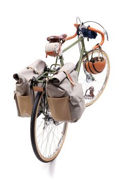 Vintage green road bicycle isolated on white. Rear view.