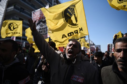 GREECE, Thessaloniki: Hundreds of migrants from Diavata refugees camp and Greek citizens demonstrate in Thessaloniki, northern Greece, against the EU migration policy and closed borders, on March 19, 2016.