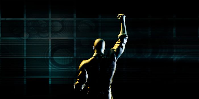 Man Pumping Fist on Technology Background as Concept