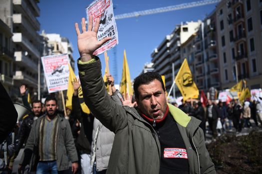 GREECE, Thessaloniki: Hundreds of migrants from Diavata refugees camp and Greek citizens demonstrate in Thessaloniki, northern Greece, against the EU migration policy and closed borders, on March 19, 2016.