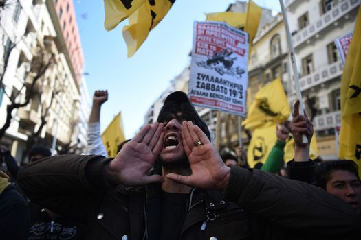 GREECE, Thessaloniki: Hundreds of migrants from Diavata refugees camp and Greek citizens demonstrate in Thessaloniki, northern Greece, against the EU migration policy and closed borders, on March 19, 2016.