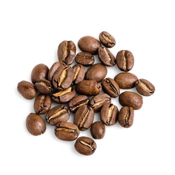 Little heap of roasted coffee beans isolated on white background.
