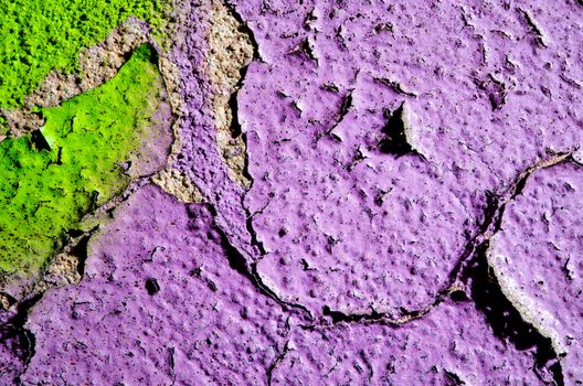 Close-up texture of cracked purple green wall.