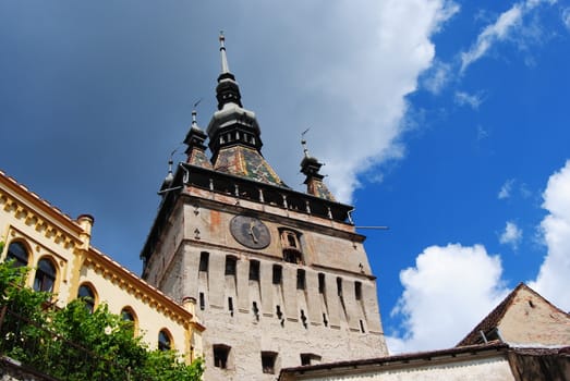 The Clock Tower in Sighisoara, Romania was built in the XIV century and has 64 meters high. It is a historical and architectural monument of Sighisoara and the biggest of the town's nine towers