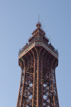 Top of the Blackpool tower, a historic Victorian landmark on the waterfront of this English resort, with its steel lattice structure