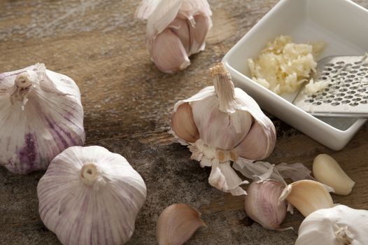 Various purple and white fresh garlic bulbs, square bowl and grater on rustic wooden table