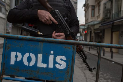 TURKEY, Istanbul: Police secure the area following a suicide bombing in a major shopping and tourist district at Istiklal street in the central part of the city on March 19, 2016 in Istanbul, Turkey. The explosion killed at least five people and left many injured.