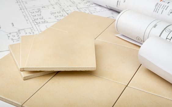 Set of tiles with blueprints, close up view