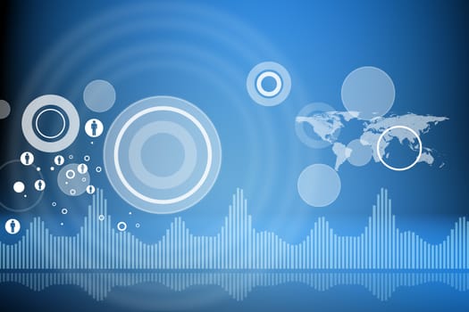 Abstract blue background with world map and circles, technology concept