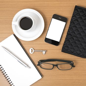 coffee and phone with notepad,key,eyeglasses and wallet on wood table background