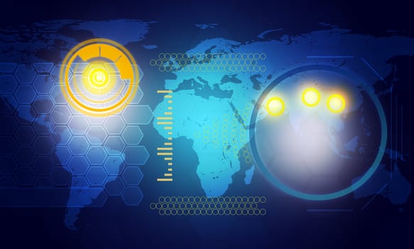 Holographic screen with world map and circles on blue background, technology concept