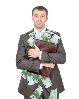 Businessman holding briefcase full of money isolated on white background