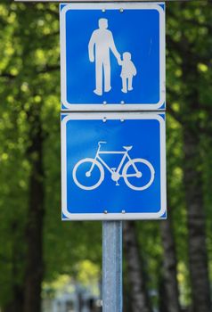 warning road signs bicycle path pedestrian with children