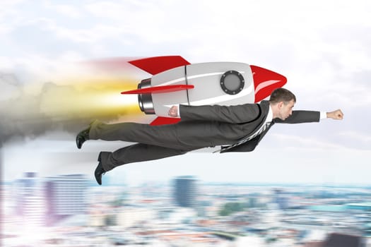 Businessman flying with rocket above city in sky