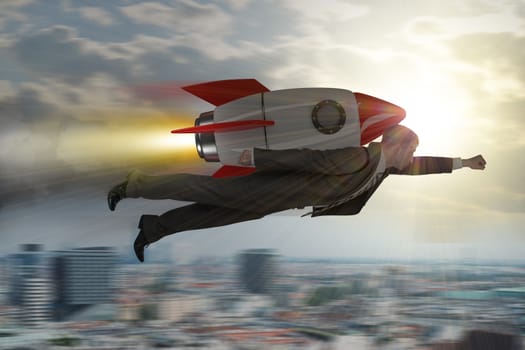 Businessman flying with rocket above city in sky